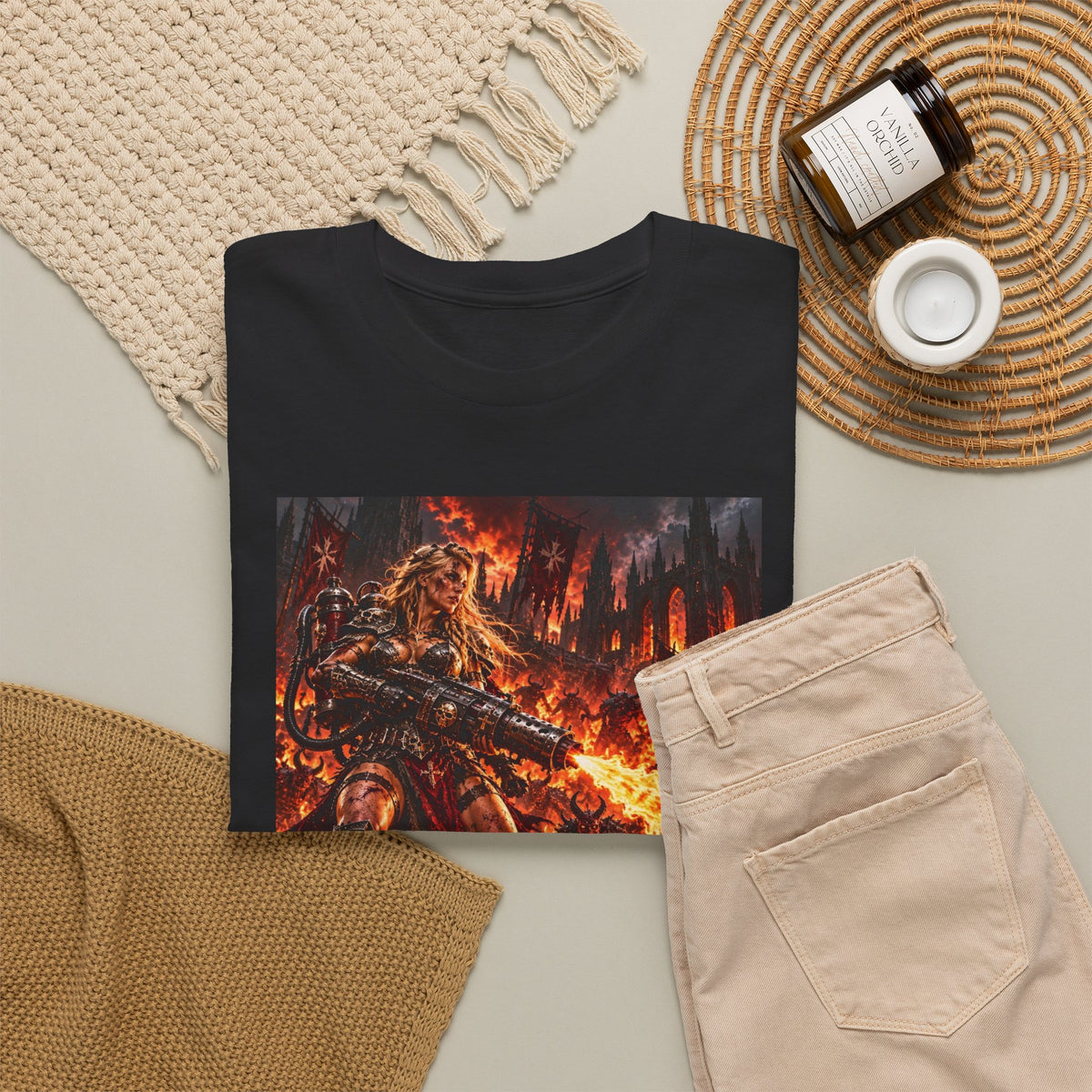 Dark Fantasy Firestorm T-Shirt — Warrior & Flames Graphic Tee