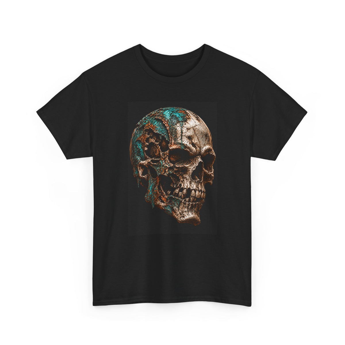 Skull Graphic Tee — Distressed Bronze Skull Front, DarkTimes Apparel Back