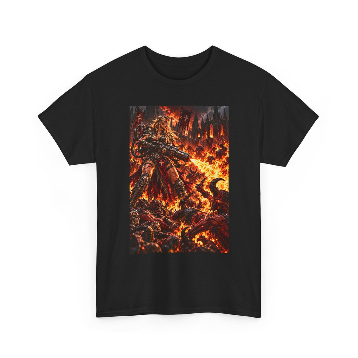 Dark Fantasy Firestorm T-Shirt — Warrior & Flames Graphic Tee