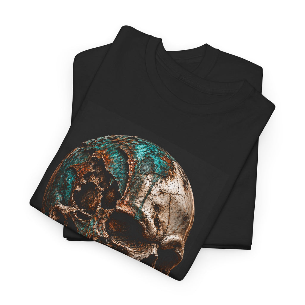 Skull Graphic Tee — Distressed Bronze Skull Front, DarkTimes Apparel Back