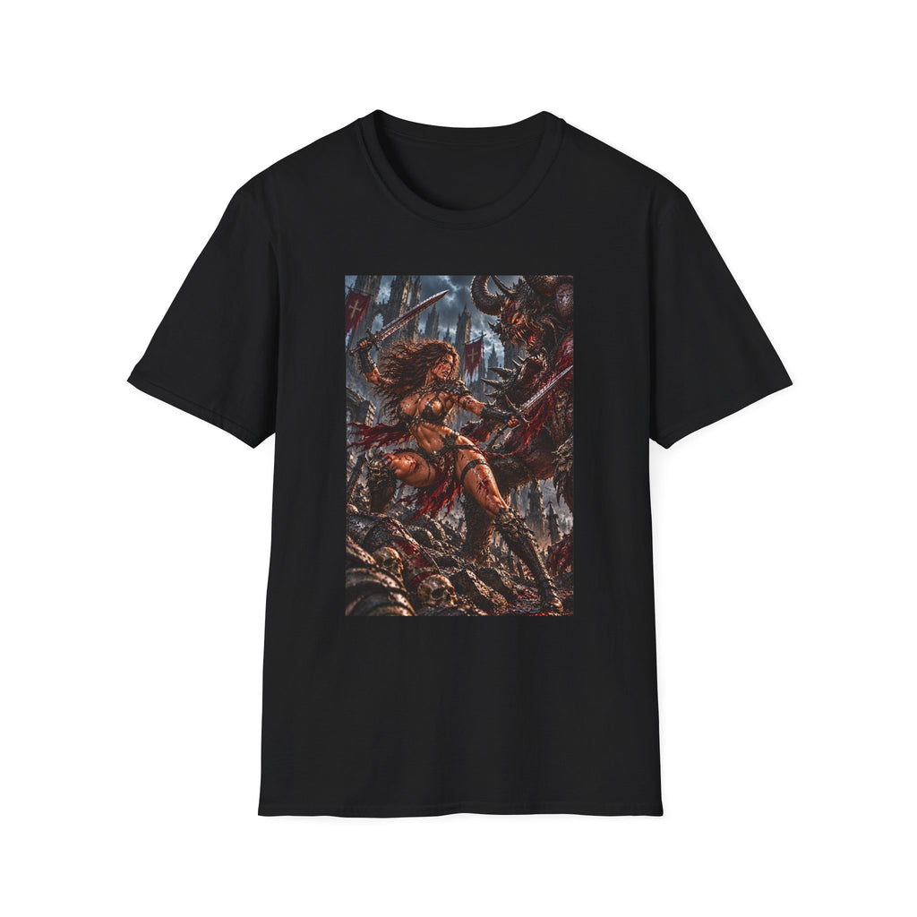 female warrior two swords battles demon
