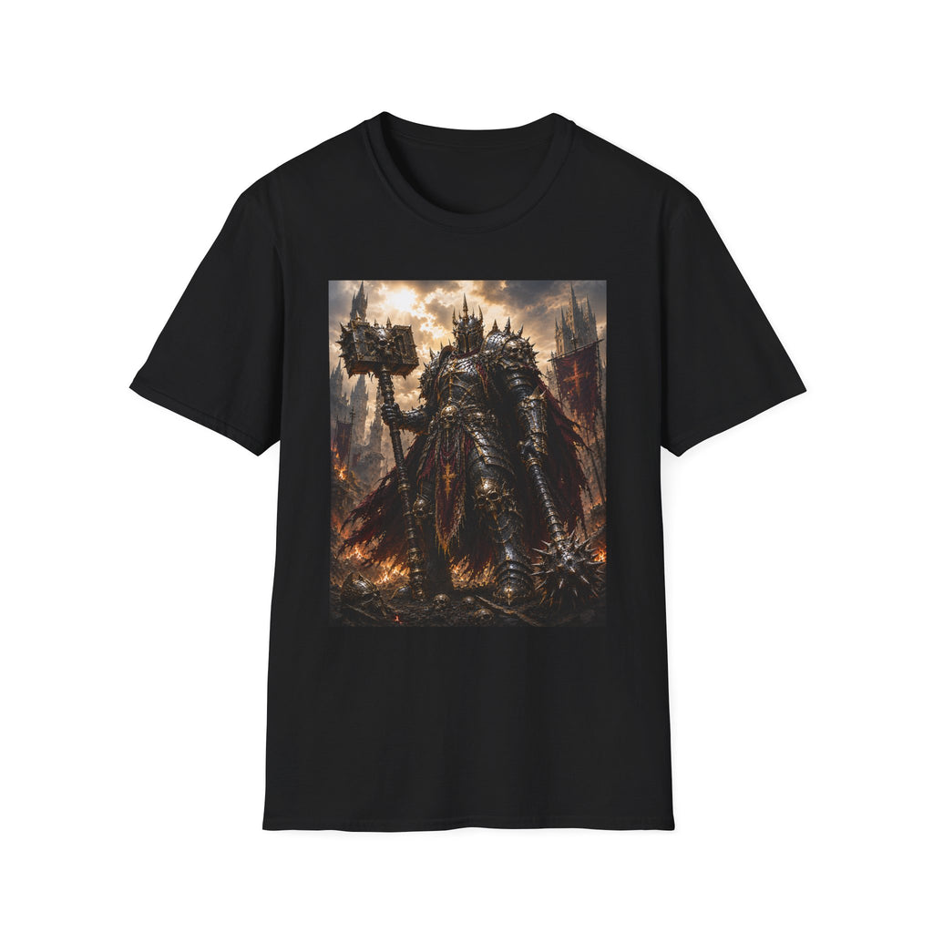 Dark Fantasy Knight T-Shirt — Armored Warlord Battle Scene