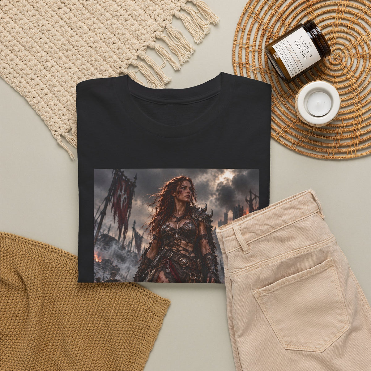 Valkyrie Warrior Graphic Tee — Dark Fantasy Battle Scene T-Shirt
