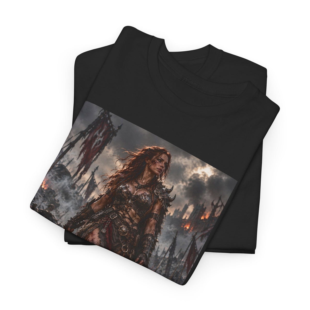 Valkyrie Warrior Graphic Tee — Dark Fantasy Battle Scene T-Shirt