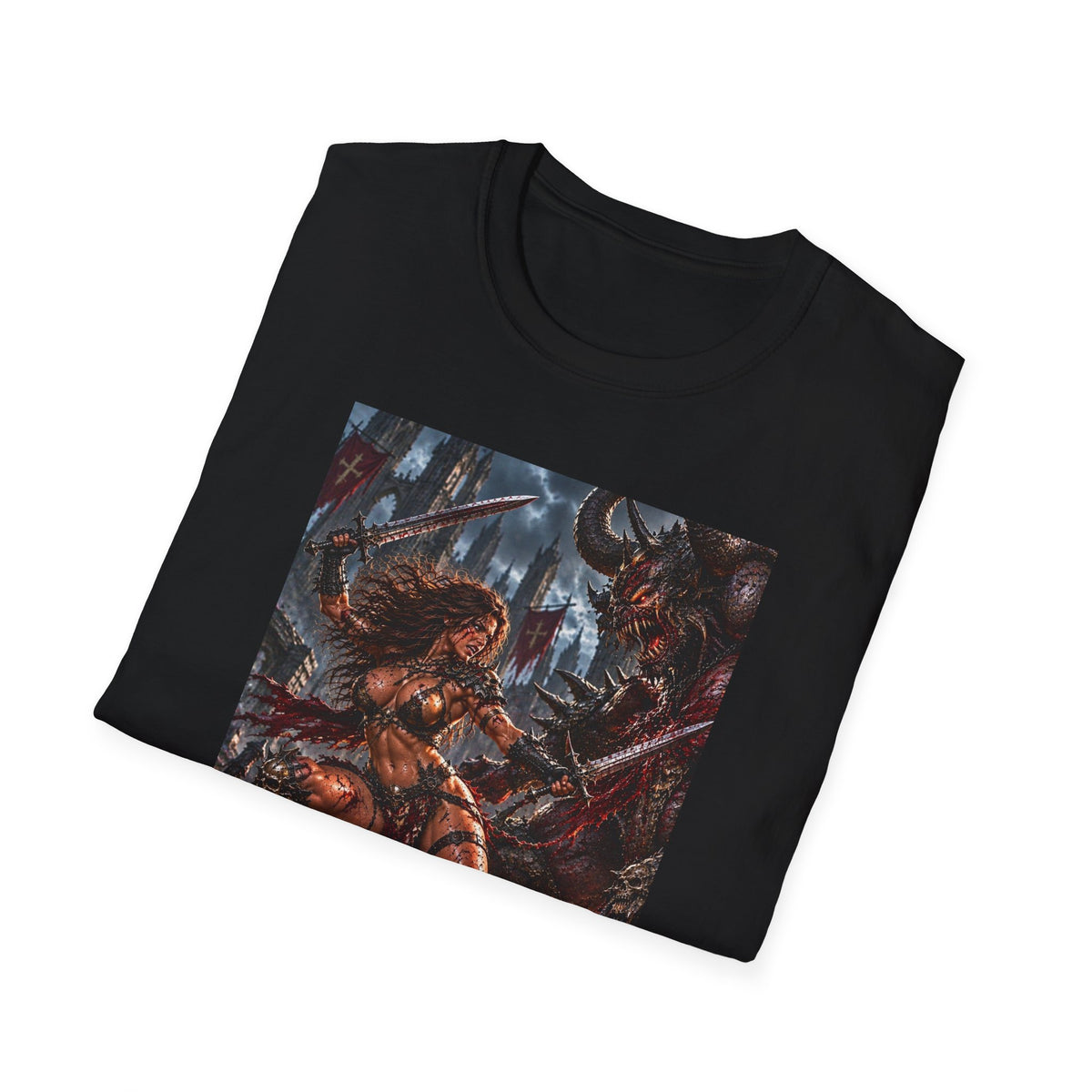 female warrior two swords battles demon