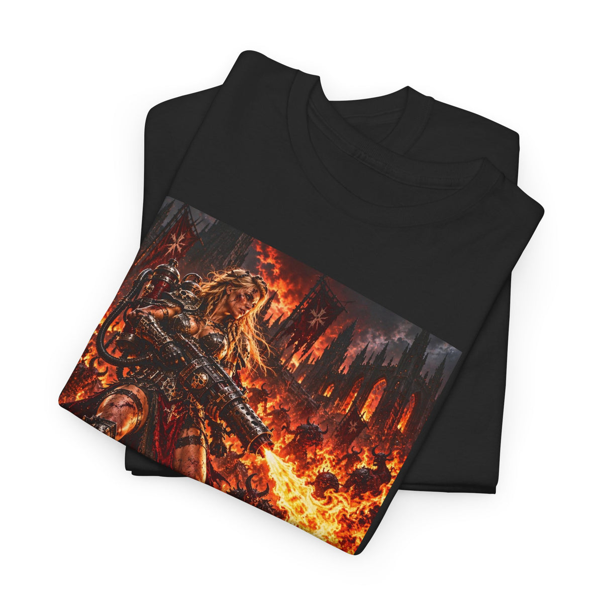 Dark Fantasy Firestorm T-Shirt — Warrior & Flames Graphic Tee