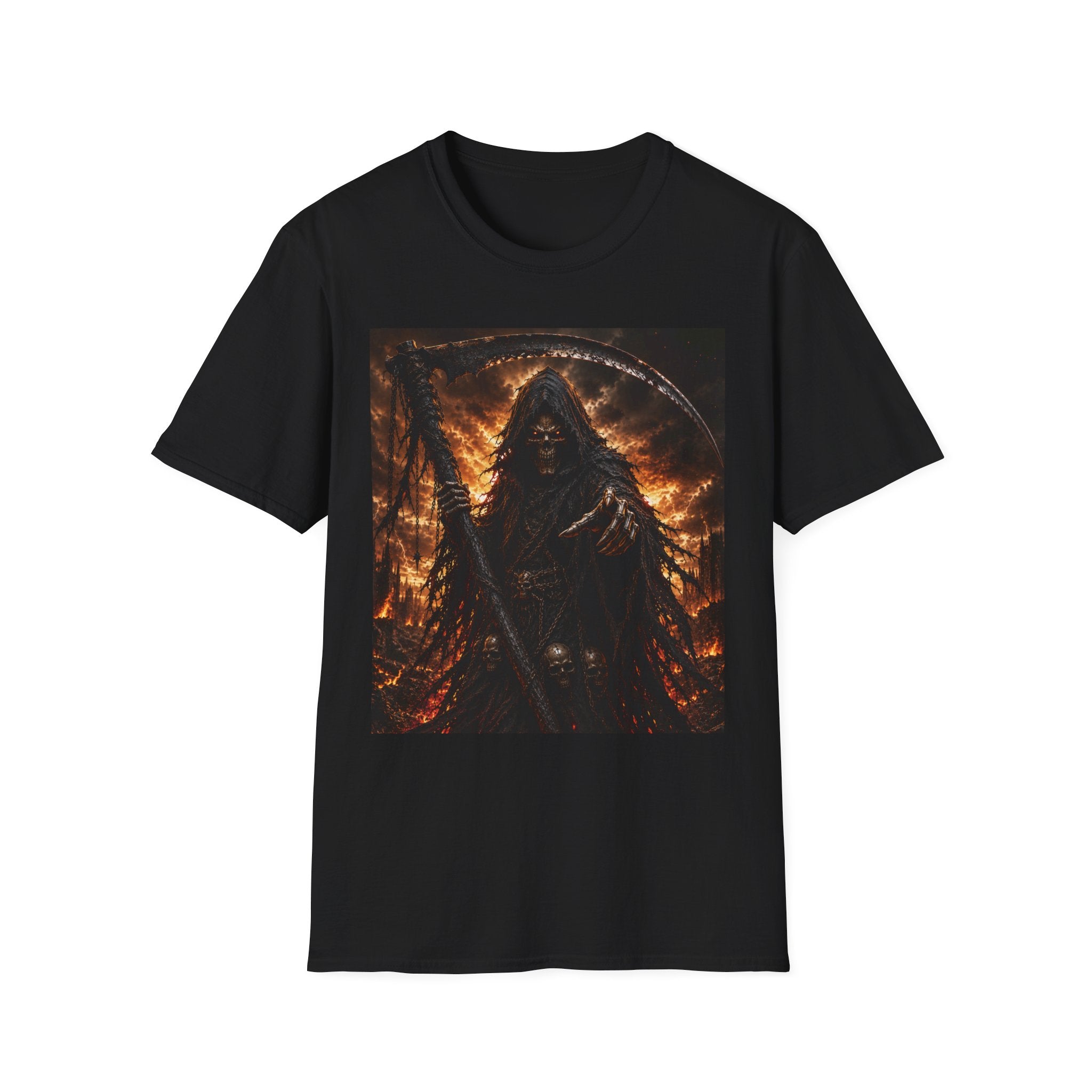 Grim Reaper Flames T-Shirt — Dark Gothic Scythe Graphic Tee
