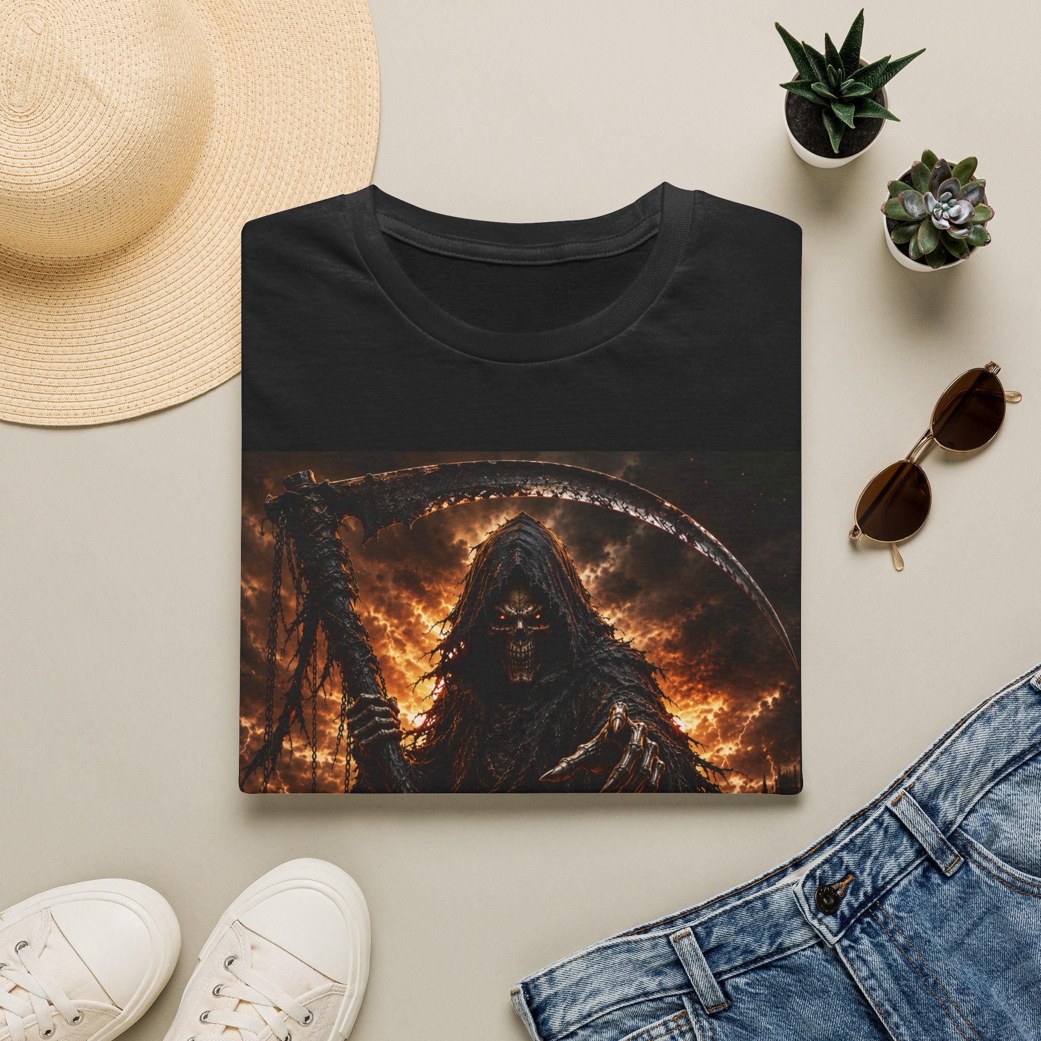 Grim Reaper Flames T-Shirt — Dark Gothic Scythe Graphic Tee
