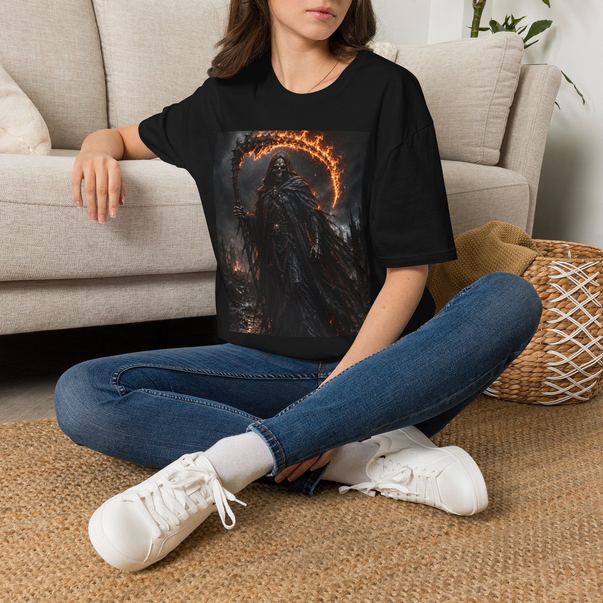 Grim Reaper Flame Scythe T-Shirt — Dark Gothic Horror Tee