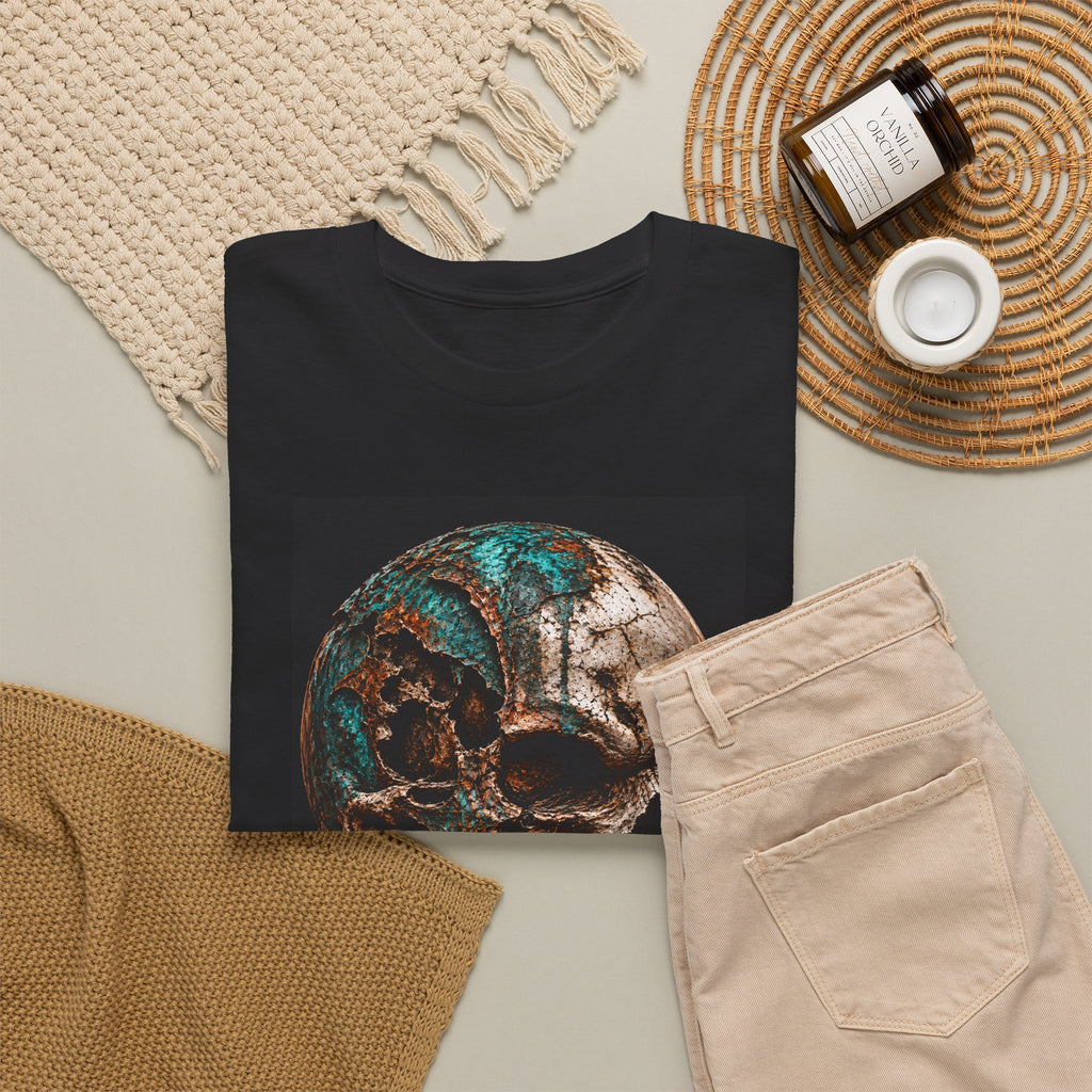 Skull Graphic Tee — Distressed Bronze Skull Front, DarkTimes Apparel Back
