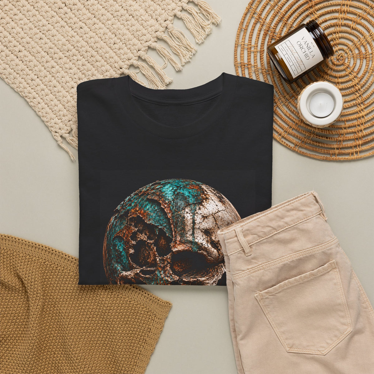 Skull Graphic Tee — Distressed Bronze Skull Front, DarkTimes Apparel Back